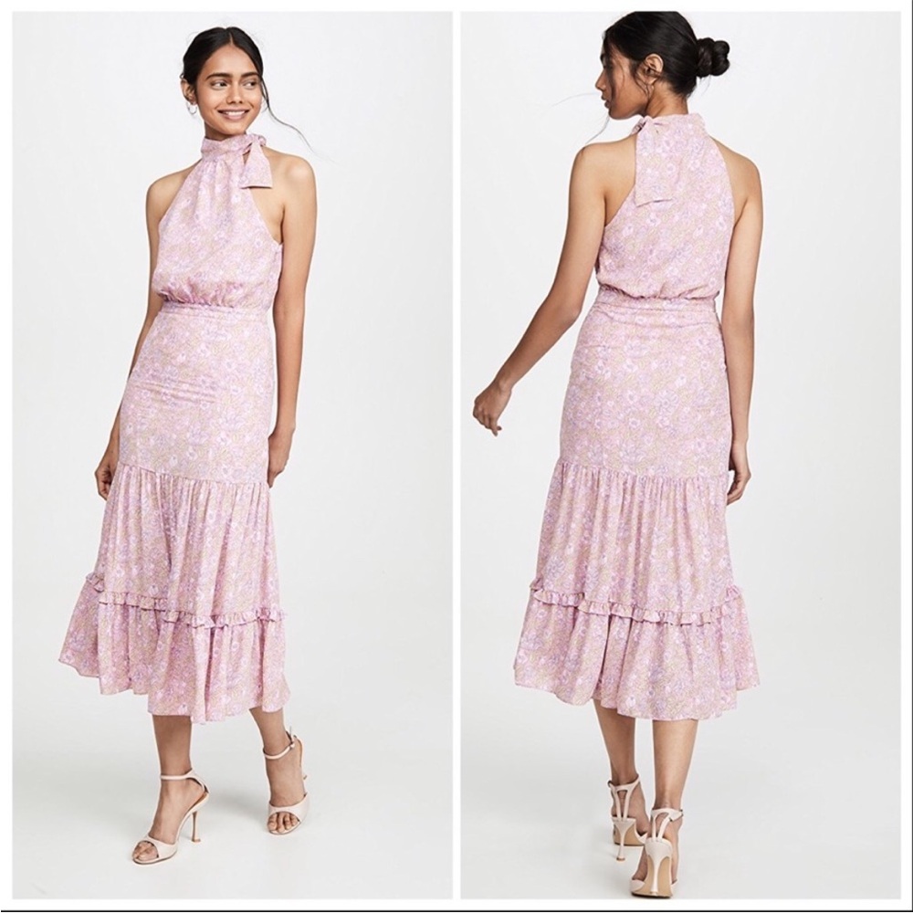 Likely Revolve Mona Floral Midi high neck tie Dress 8 pink ruffle - Picture 2 of 8